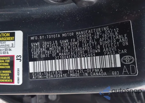 2012 Toyota Corolla Le from USA, damaged, VIN 2T1BU4EE9CC845464